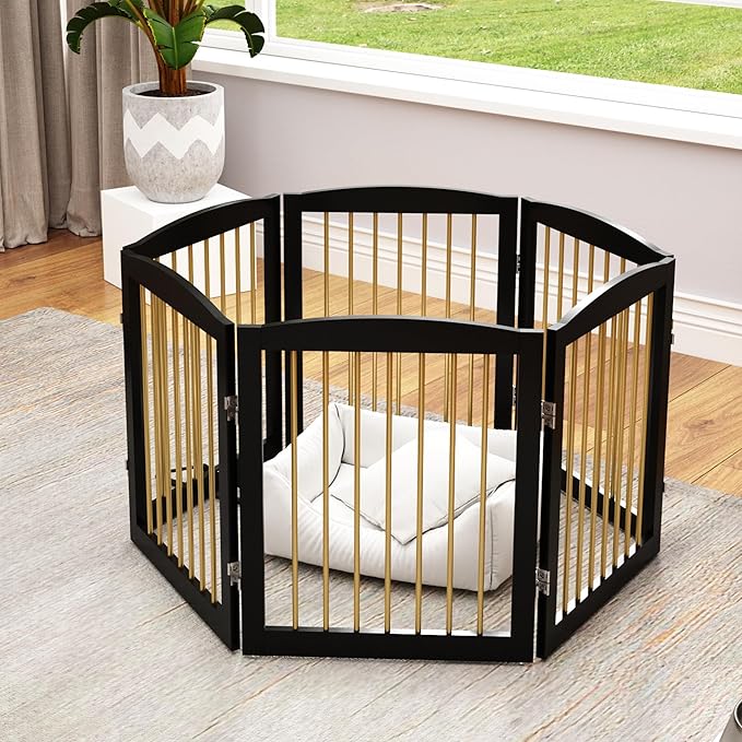 Freestanding Pet Gate for Dogs, Foldable Wooden Dog Gate for House, Extra Wide Indoor Pet Barrier for Stair, Doorway, Hall, Support Feet Included, 120 Inch Wide, 6 Panels 24",Black&Gold-PawvioPets