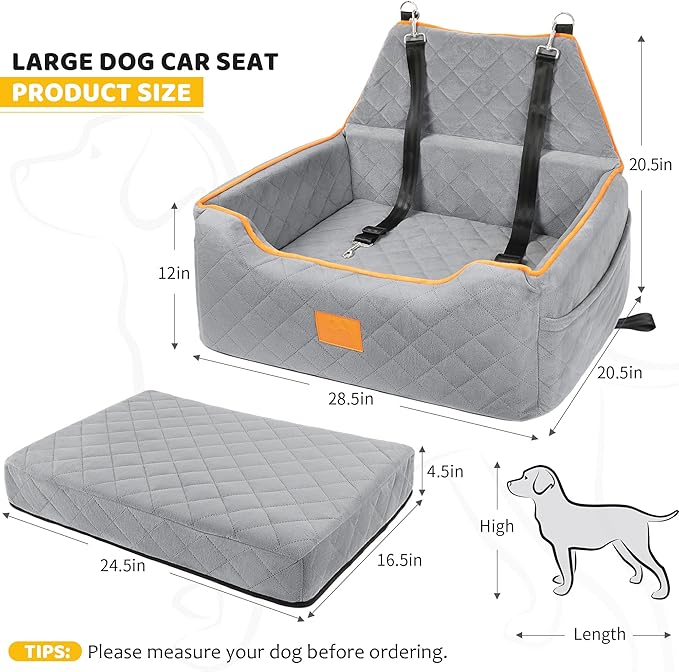 Dog Car Seat for Large/Medium Dog, Booster Seat for Dogs Under 55Lbs or 2 Small Puppy, Detachable and Washable Travel Pet Bed with Thick Cushion and Storage Pockets (Gray)-PawvioPets