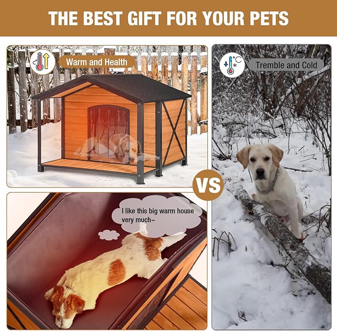 Extra Large Dog House Outdoor & Indoor, Insulated Liner Dog Kennel Weatherproof for Winter, 6 Sides All-Round Foam with Strong Metal Chew Proof Frame, for Small Medium Large Dogs-PawvioPets