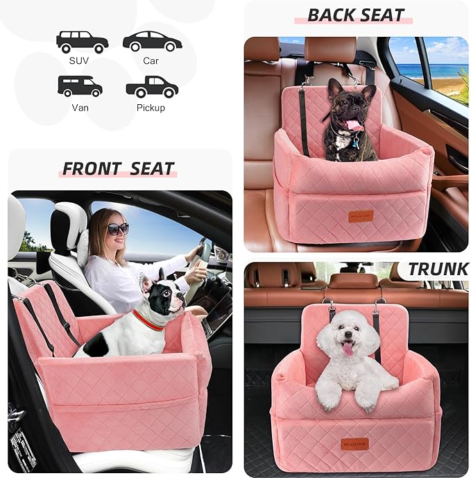 Dog Car Seat for Small Medium Dogs, Memory Foam Puppy Dog Booster Seat with Thick Cushion for Dogs Under 35lbs, Detachable Washable Pet Car Seat Travel Bed with Storage Pockets,2 Safety Belts-PawvioPets