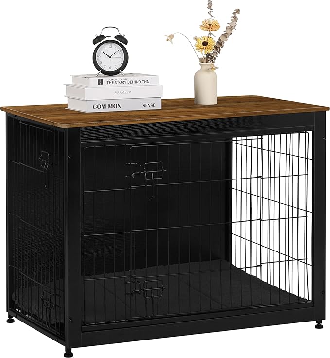 DWANTON Dog Crate Furniture with Cushion, Wooden Kennel Table with Double Doors, Indoor Dog House, Large Size, 38.5" L, Black+Warm Brown-PawvioPets