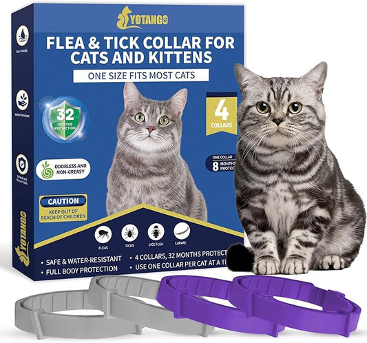 4 Pack Flea Collar for Cats, 32 Months Flea and Tick Prevention for Cats, Waterproof Cat Flea Collar, Natural Cat Flea and Tick Treatment, Adjustable Flea and Tick Collar for Cats Kittens(Grey&Purple)-PawvioPets