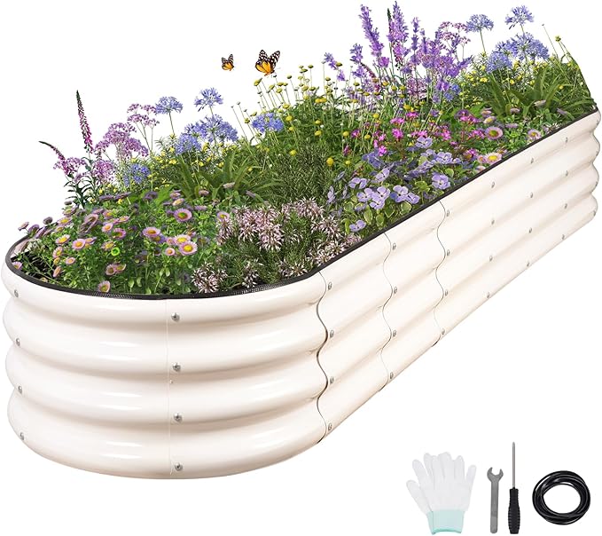Galvanized Raised Garden Bed - 8x2x1FT Metal Planter Boxes Outdoor | Oval Steel Raised Bed Kit for Gardening with Protective Tape, Bracing Rods, Gloves for Vegetables, Flower, Herb (White)-PawvioPets