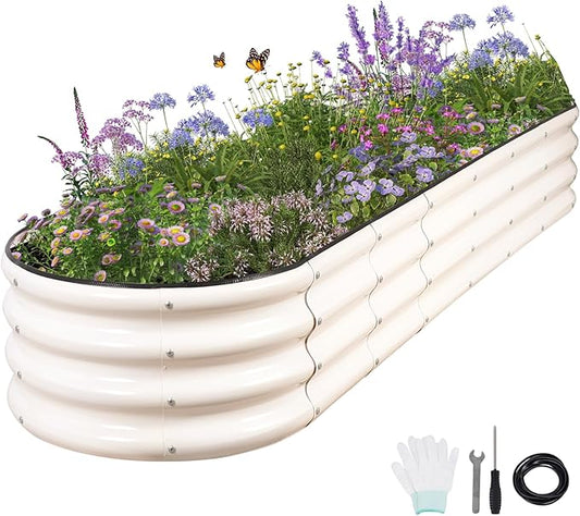Galvanized Raised Garden Bed - 8x2x1FT Metal Planter Boxes Outdoor | Oval Steel Raised Bed Kit for Gardening with Protective Tape, Bracing Rods, Gloves for Vegetables, Flower, Herb (White)-PawvioPets