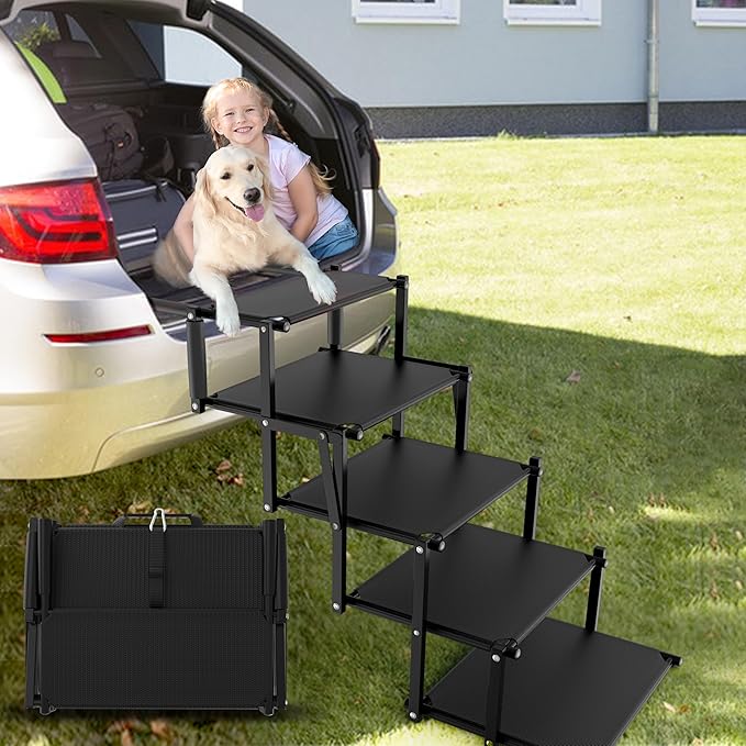 Extra Wide 5 Steps Dog Stairs for Large Dogs, Foldable Dog Ramp for Car with Non-Slip Surface, Lightweight Dog Stairs for Cars, Dog Steps for Cars, SUV, High Beds, Truck, Supports up to 250 lbs-PawvioPets
