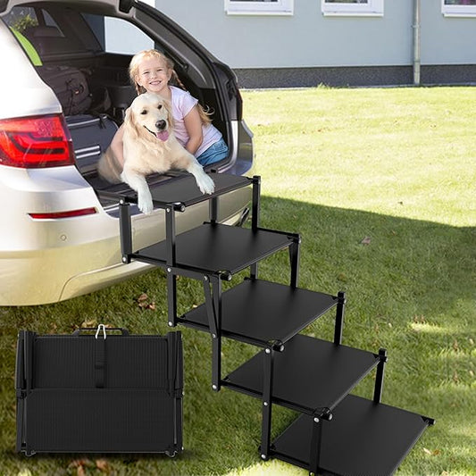 Extra Wide 5 Steps Dog Stairs for Large Dogs, Foldable Dog Ramp for Car with Non-Slip Surface, Lightweight Dog Stairs for Cars, Dog Steps for Cars, SUV, High Beds, Truck, Supports up to 250 lbs-PawvioPets