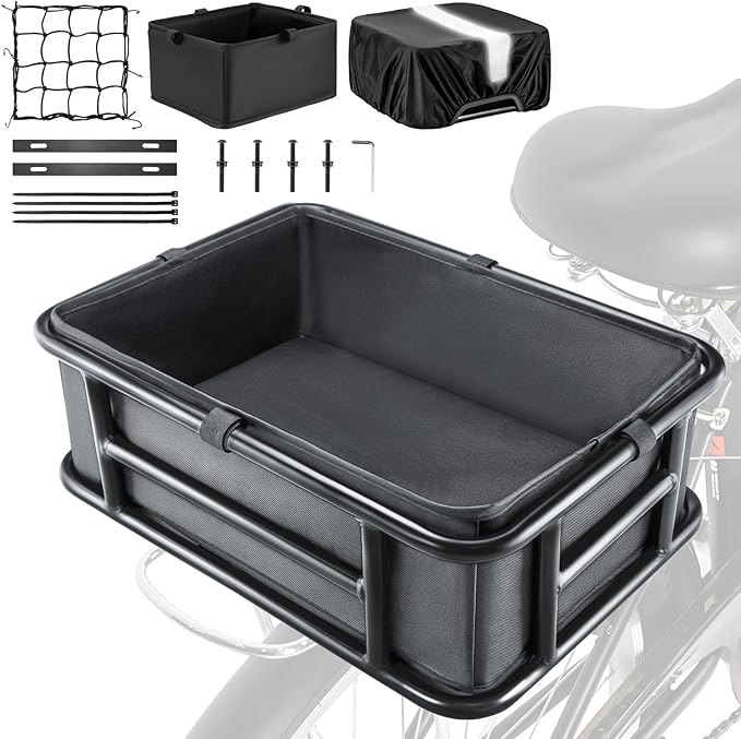 Bike Basket Rear with Liner,Waterproof Cover,Cargo Net Large Rear Bike Basket,Heavy Duty Bicycle Rear Basket for Electric Bike, Ebike,Great for Bike Trip,Carrying Grocery,Ball,Dog-PawvioPets