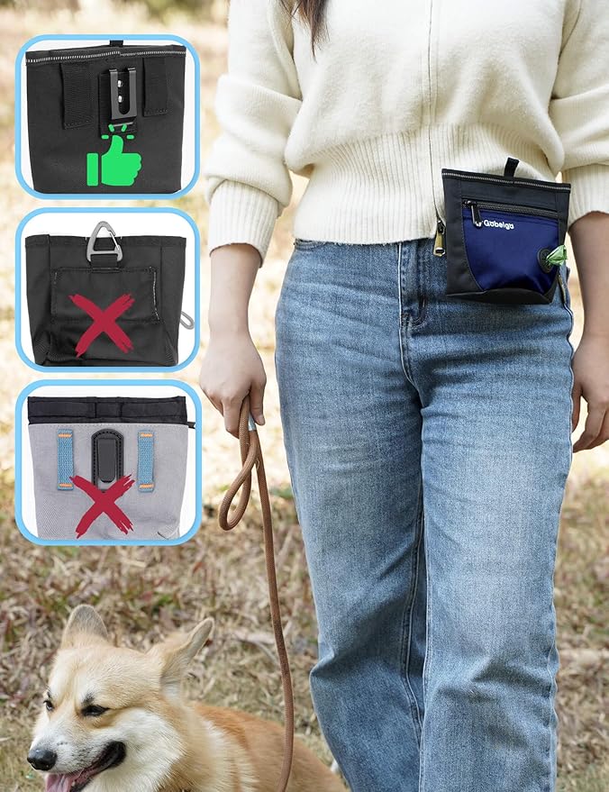 Gobeigo Dog Treat Pouch and Training Clicker, Upgrade Two Magnetic Closure to Prevent Spills, 2 Cup Treat Bag with Poop Bag Dispenser, Metal Clip Waist Belt Fanny Pack for Pet Walk (Black/Blue)-PawvioPets