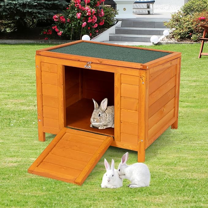 COZIWOW 24inches Wooden Catio Outdoor Cat House Small Animal House，Rabbit Hutch Indoor，Stable Weatherproof Bunny Cage Pet Shelter for Small Cat Dog Rabbit Guinea Pig(Orange)-PawvioPets