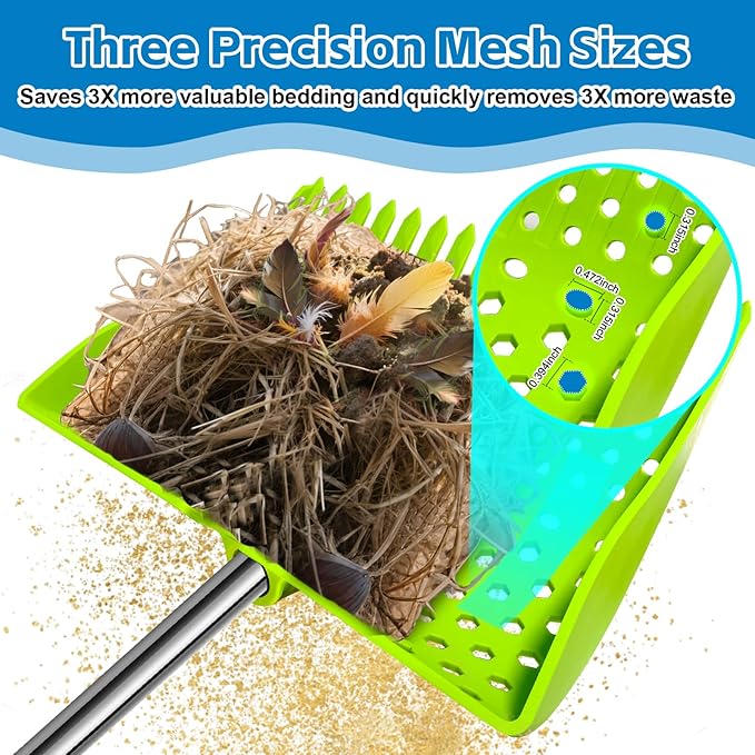 12-Inch 2-in-1 Chicken Poop Scooper & Rake – US Patent Pending – 3-Shape Sifting Holes Chicken Coop Rake，Stainless Steel Handle （20–61"）– Litter Scoop Sand & Sifting Shovel for Chicken Coops(Green)-PawvioPets