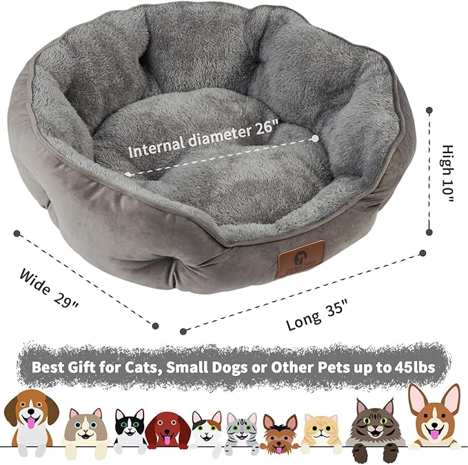 Asvin Large Dog Bed for Large Dogs, Cat Beds for Indoor Cats, Pet Bed for Puppy and Kitty, Extra Soft & Machine Washable with Anti-Slip & Water-Resistant Oxford Bottom, Grey, 35 inches-PawvioPets