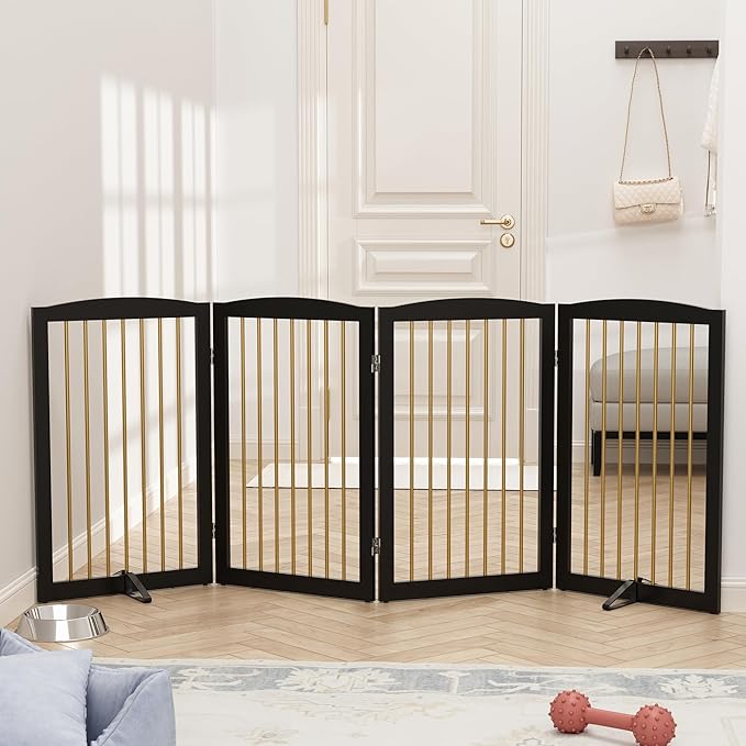 Freestanding Pet Gate for Dogs, Indoor Wooden Dog Gate for House, Foldable Dog Gate for Doorway, Stair, Step Over Pet Puppy Safety Fence Tall, 80 Inch Wide, 4 Panels 32", Black & Gold-PawvioPets