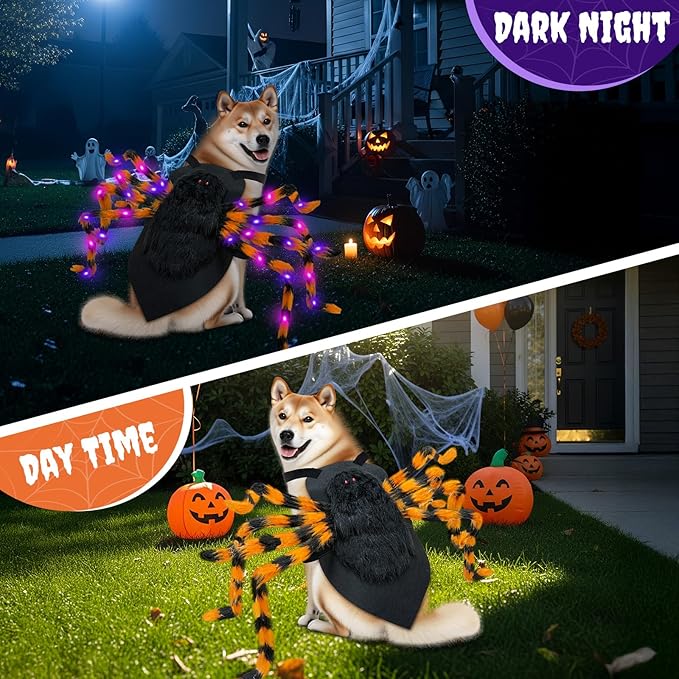 Dog Halloween Costume Large Breed, Furry Dog Spider Costume with 64 LED, Funny Halloween Dogs Costumes for Large Dogs Medium Pet Halloween Party Cosplay (Orange)-PawvioPets