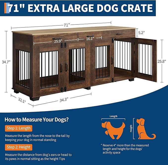 71 Inch Dog Crate Furniture for 2 Rooms, Wooden Double Crate Large Breed with Door, Dog Kennel Indoor, TV Stand End Table with Divider for Large Medium Dogs,Brown-PawvioPets