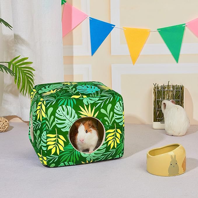 Bienbee Guinea Pig Hideout, Washable Guinea Pigs House Cozy Guinea Pigs Bed for Small Pet Bunny/Rabbit/Hamster/Chinchilla Guinea Pig Accessories Green Leaf-PawvioPets