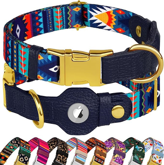 AirTag Dog Collar for Small Medium Large Breed - Adjustable Cute Pattern Dog Collar with Airtag Holder - Soft Leather Tracker GPS Apple Air Tag Pet Collars (X-Large, 20"-25" Neck Fit, Navajo)-PawvioPets