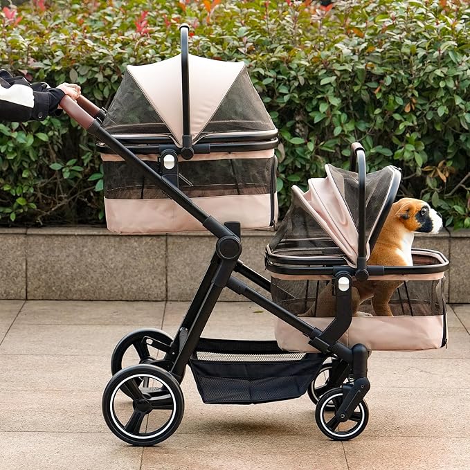 Foldable Double Pet Stroller for 2 Small Medium Cats Dogs, Lightweight Single and Double Integrated Pet Stroller with Detachable Carriers-PawvioPets