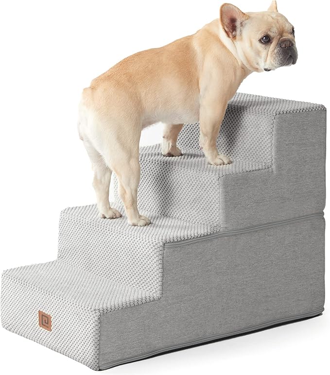 EHEYCIGA Dog Stairs for Bed 18" H, 4-Step Dog Steps for High Bed, Pet Steps for Small Dogs and Cats, Non-Slip Balanced Pet Ramp Indoor, Light Grey-PawvioPets