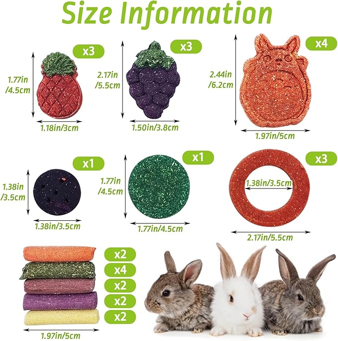 Fhiny 27 PCS Natural Bunny Chew Toys Molar Rabbit Toys Contain Timothy Grass Pumpkin Beets Purple Potatoes Carrot Hamster Treats for Chinchillas Guinea Pigs Mice Gerbils Teeth Grinding-PawvioPets
