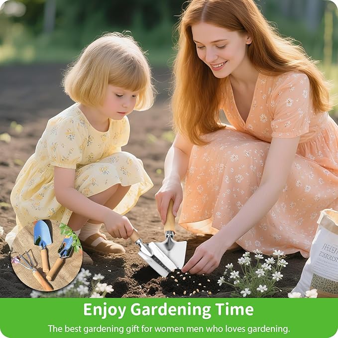 Garden Tool Set, 3 Pieces Gardening Kit with Garden Plant Twist Tie and Plastic Plant Tag, Stainless Steel Heavy Duty Garden Tools with Wooden Handle, Gardening Gifts for Women-PawvioPets