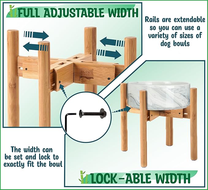 Dog Bowl Stand for Large Dogs - Raises Feeders and Bowls to 12-inch High, Expandable Sideways, Compatible to Various Sizes of Slow Feeders, Water Dishes and Fountains - Bamboo-PawvioPets