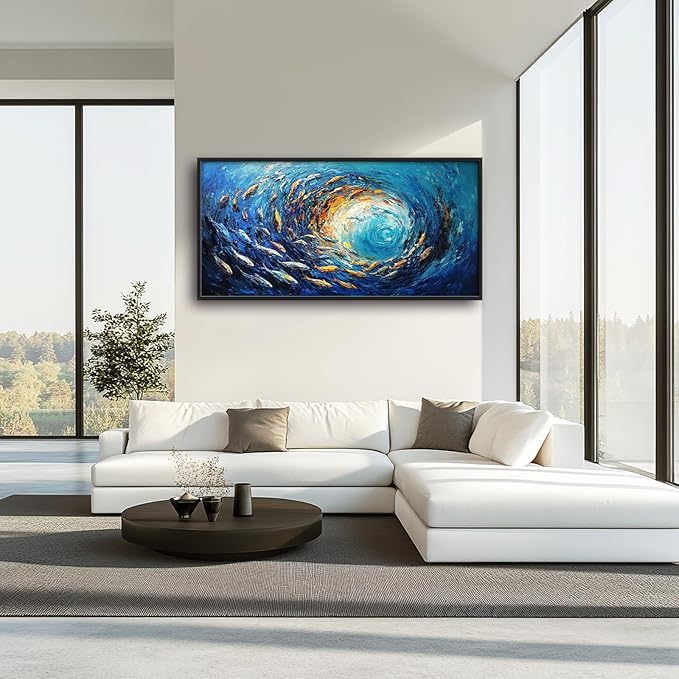 Extra Large Framed Abstract Ocean Fish Wall Art,Oversized Blue Sea Nautical Fish Wall Decor Pictures for Living Room,Canvas Print Painting Modern Artwork Bedroom Office Bathroom Home Decor 60L x30W-PawvioPets