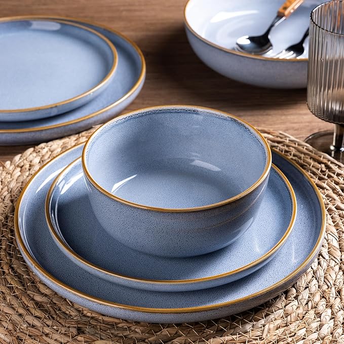 GBHOME Ceramic Dinnerware Sets for 8, 24 Pieces Stoneware Plates and Bowls Sets, Scratch Resistant Dishes, Dishwasher & Microwave Safe, Reactive Glaze-Brunnera Blue-PawvioPets