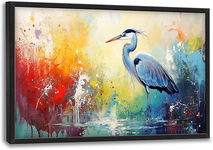 Extra Large Framed Abstract Heron Wall Art,Oversized Colorful Graffiti Heron Wall Decor Pictures for Living Room,Canvas Print Painting Modern Artwork Bedroom Office Bathroom Home Decor 36L x 24W-PawvioPets