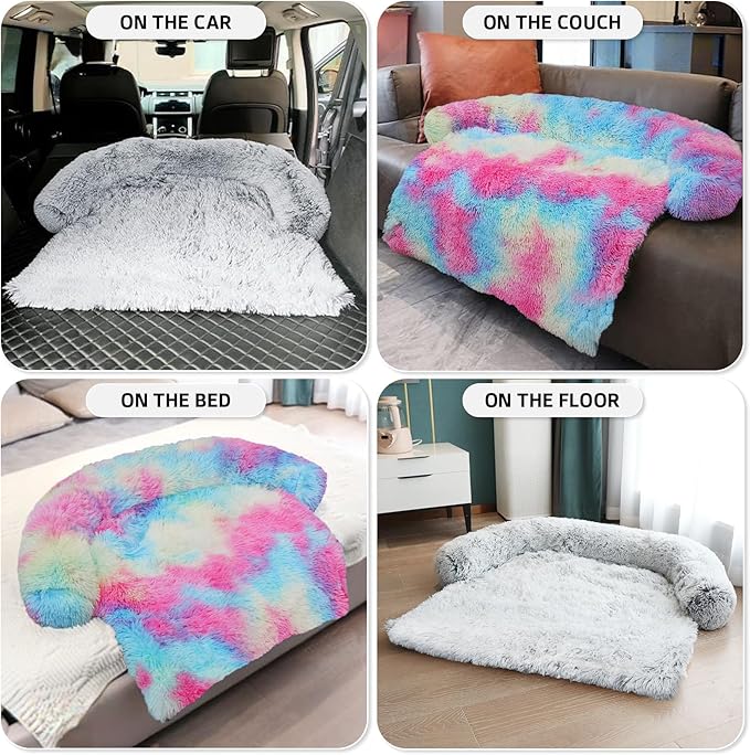 GGIB Calming Dog Bed Fluffy Plush Dog Mat for Furniture Protector with Removable Washable Cover for Large Medium Small Dogs and Cats (Large, Rainbow)-PawvioPets