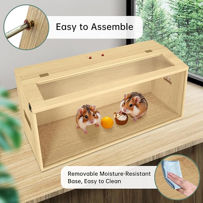 32" Hamster Habitat Enclosure, Top Opening Lockable Roof Door, Gerbil Dwarf Hamster Cage with Hygrometer, Chewproof Syrian Hamster Cage for Mice, Small Animal, (Wooden, 32" L x 16" W x 16" H)-PawvioPets