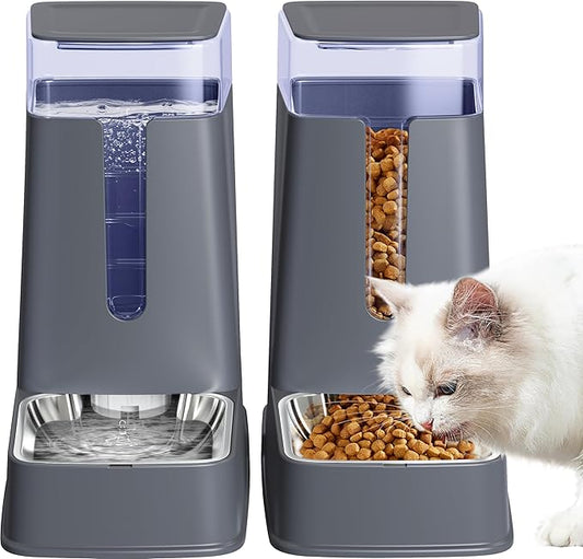 Automatic Cat Feeder and Cat Water Dispenser Set with Stainless Steel Bowls Gravity Dog Feeder for Small Medium Big Dog Pets Puppy Kitten, 3.8Lx 2-PawvioPets