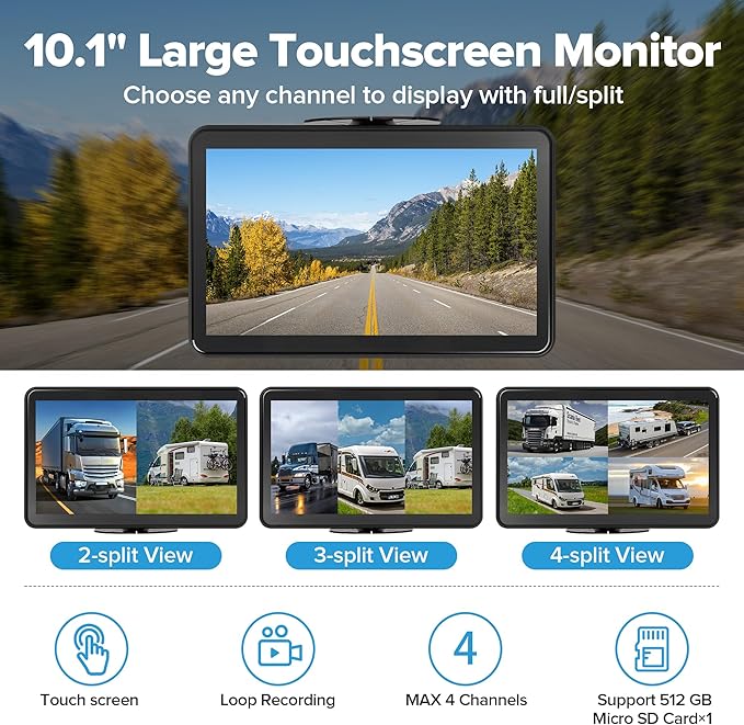 4CH 10.1 inch AI WiFi GPS RV Backup Camera Monitor System with Touch Screen and 4x1080P Waterproof Night Vision Cameras, Blind Spot Detection DVR Video Recorder for Truck Trailer Semi Camper Van Taxi-PawvioPets