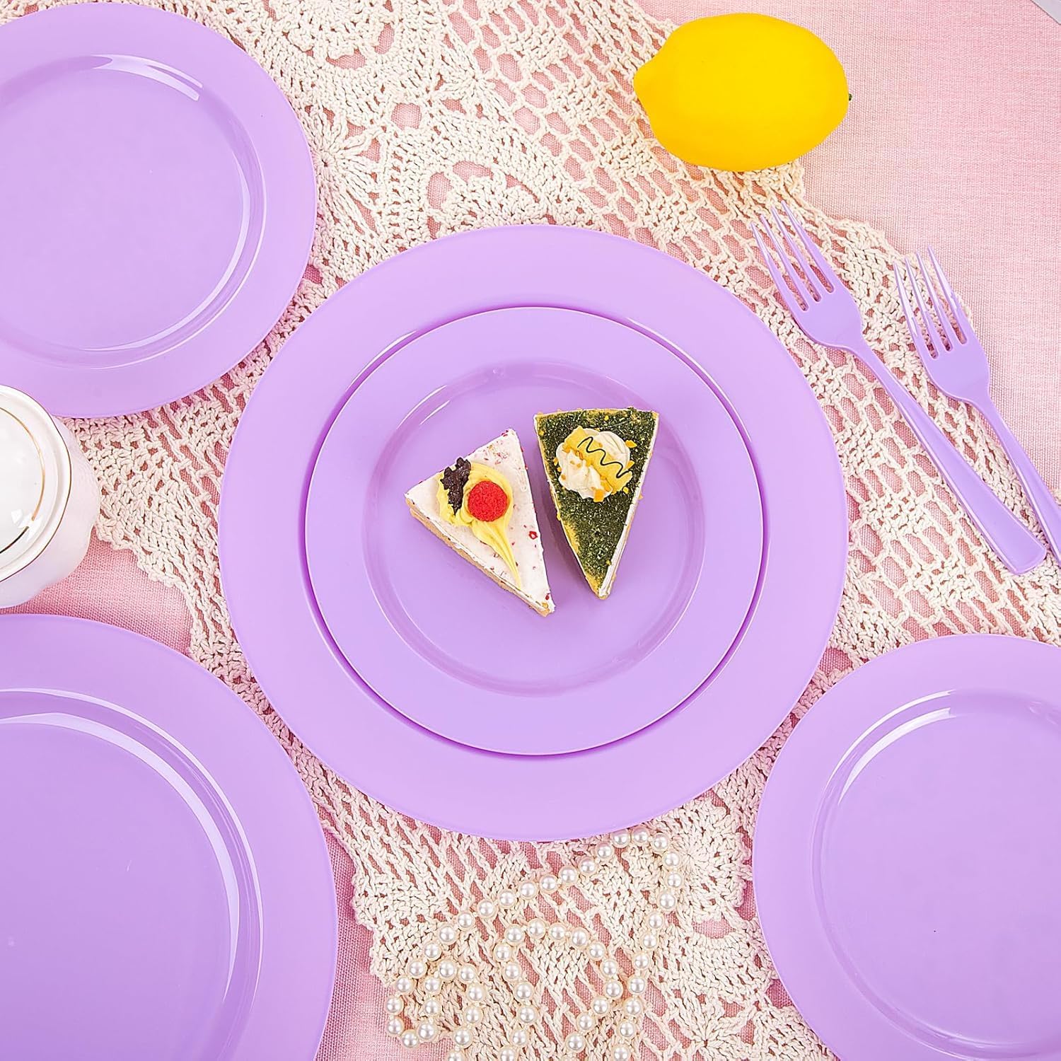 KIRE 150 PCS Purple Plastic Plates - Purple Dinnerware Set Disposable 25 Dinner & 25 Salad Plates 25Forks 25Knives 25Spoons 25Clear Cups for Birthday/Baby Shower