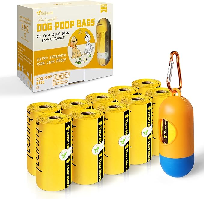 Dog Poop Bags-150 Counts with Holder (10 Rolls), Biodegradable Poop Bags, Eco-friendly and Easy to Open, Thick Dog Waste Bags (Yellow)-PawvioPets