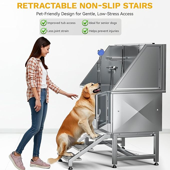 DWVO Professional Pet Dog Bathing Station for Grooming, 50'' Dog Grooming Bathtub with Right Staris, Floor Grate, Faucet, Showerhead & Soap Holder for Large, Medium & Small Pets-PawvioPets