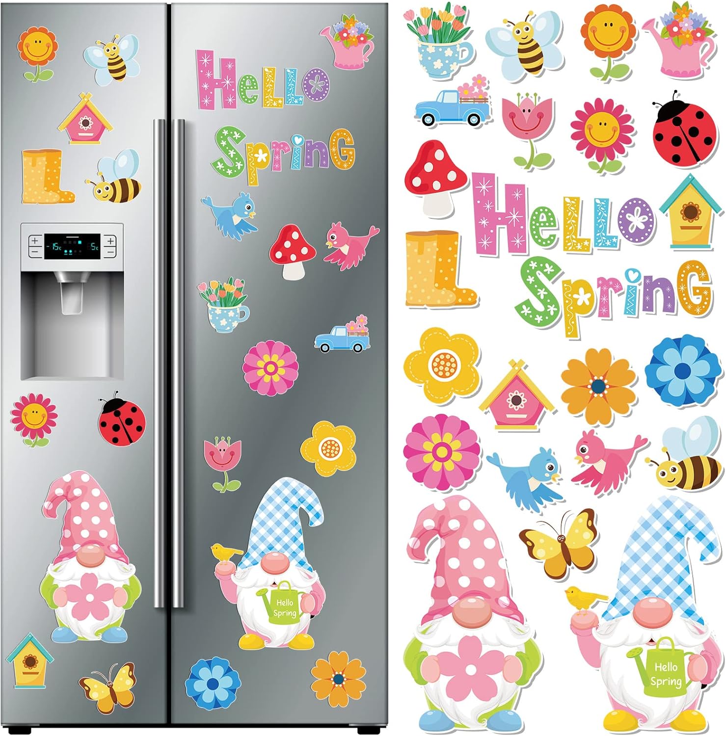 25 Pcs Hello Spring Magnet Car Decorations Colorful Waterproof Flowers Automotive Magnet Stickers Refrigerator Bee Butterfly Gnome Magnets Home Decor Party Supplies for Cars Office Whiteboard
