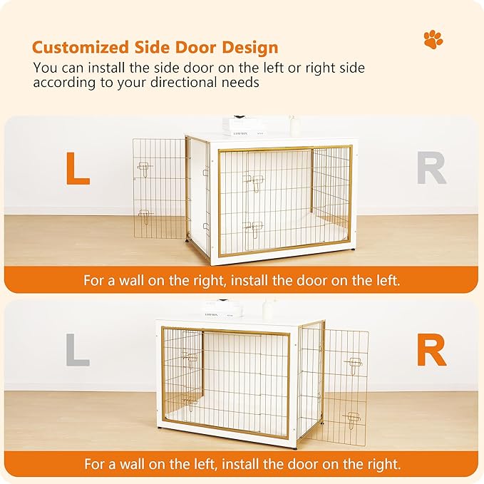 DWANTON Dog Crate Furniture with Cushion, Wooden Kennel Table with Double Doors, Indoor Dog House, Extra Large Size, 43.3" L, White+Gold-PawvioPets