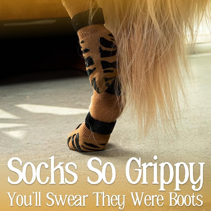 DOK TigerToes Premium Non-Slip Dog Socks for Hardwood Floors - Extra-Thick Grip That Works Even When Twisted - Prevents Licking, Slipping, and Great for Dog Paw Protection (Cool Caramel, Small)-PawvioPets