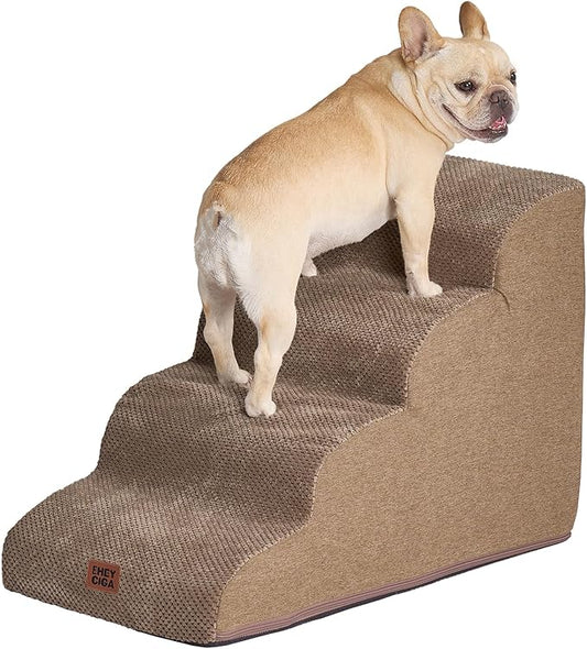 EHEYCIGA Curved Dog Stairs Ramp for High Beds 19.7" H, 4-Step Dog Steps for Small Dogs and Cats, Pet Stairs for High Bed Climbing, Non-Slip Balanced Pet Step Indoor, Camel-PawvioPets