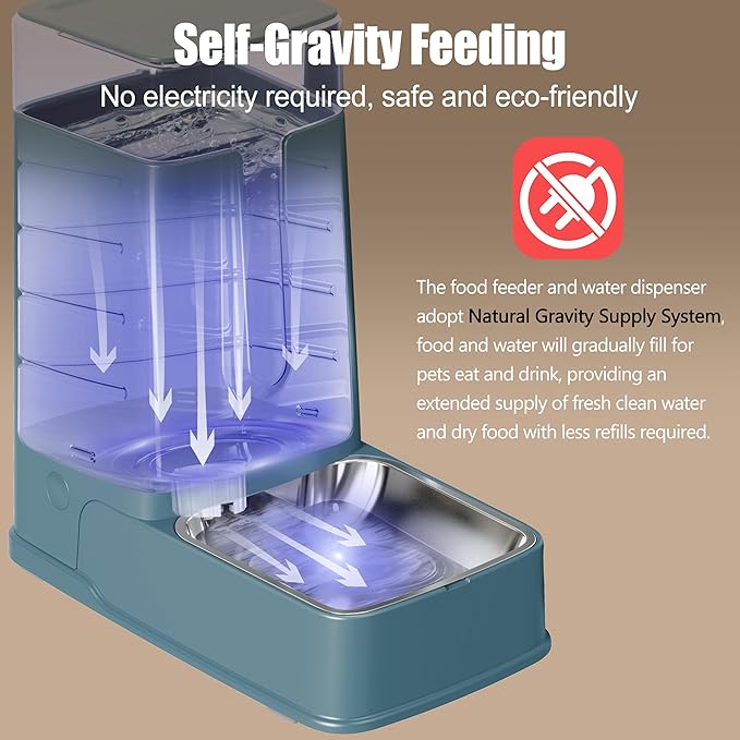 Automatic Cat Feeder and Cat Water Dispenser Set with Stainless Steel Bowls Gravity Dog Feeder for Small Medium Big Dog Pets Puppy Kitten, 3.8L x 2 (Cyan)-PawvioPets
