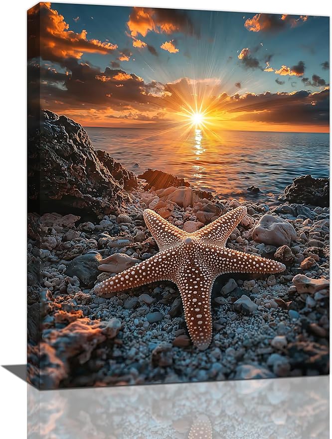Beach Starfish Wall Decor Ocean Starfish Wall Art Sunset Scenery Coastal Theme Pictures Canvas Nature Seascape Painting Print Framed Artwork Decorations for Home Bathroom Living Room Bedroom Office 12"x16"-PawvioPets