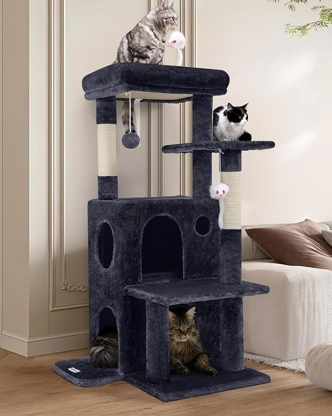 Globlazer Cat Tree Tower for Indoor Cats, 50-inch Adult Cat Tree House for Large Adult Cats with Steps, Scratching Post, 2 Cat Caves, Dangling Toys, FC50, Dark Grey-PawvioPets