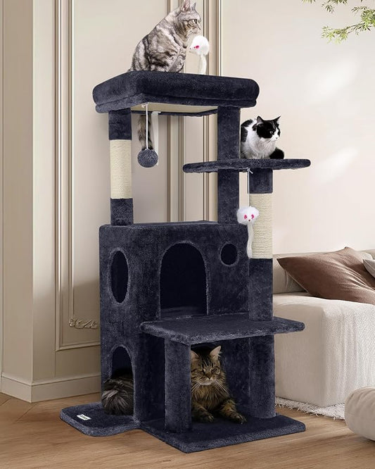 Globlazer Cat Tree Tower for Indoor Cats, 50-inch Adult Cat Tree House for Large Adult Cats with Steps, Scratching Post, 2 Cat Caves, Dangling Toys, FC50, Dark Grey-PawvioPets