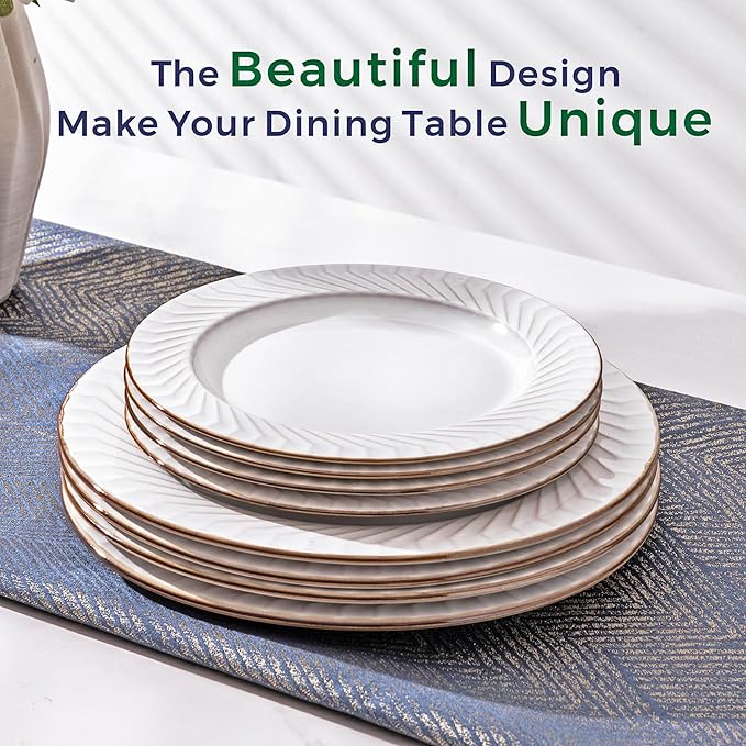 GBHOME Ceramic Dinnerware Sets,12 pcs Embossed Elegant Stoneware Plates and Bowls Sets, Housewarming Wedding Gift | Dishwasher & Microwave Safe | Dishes Set Service for 4-PawvioPets