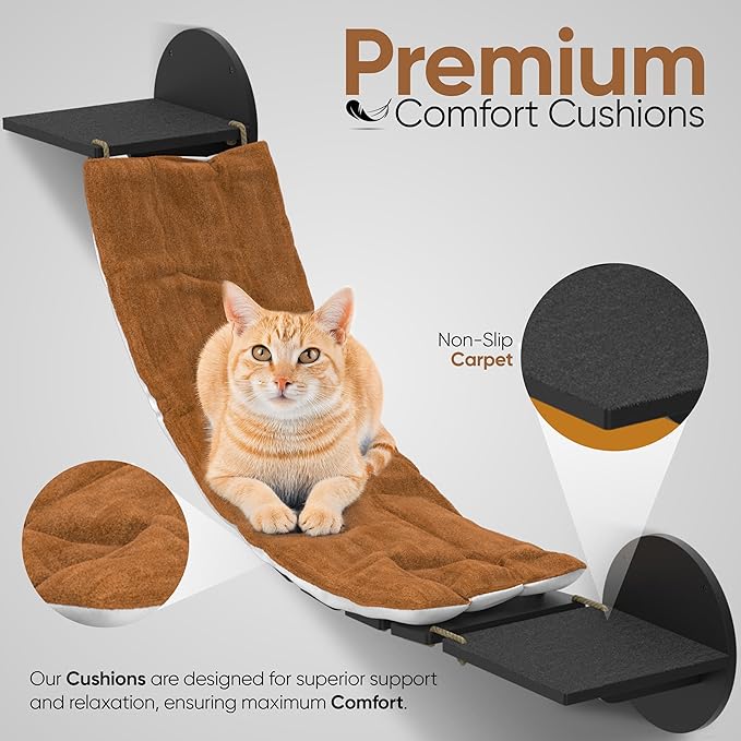 FURRY VIBES Cat Wall Shelves & Perches – 7-in-1 Cat Wall Furniture Set with Bed, Climbing Steps, Scratcher & Bridge Ladder – Black Bamboo Wall Cat Shelf for Indoor Cats-PawvioPets