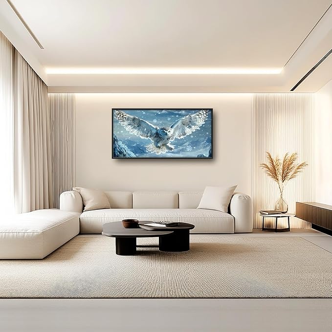Framed Large Snowy Owl Wall Art for Living Room, Oversized Snowy Mountain Wall Decor Landscape Canvas Painting Modern Artwork Home Decoration for Living Room Bedroom Office 60"x30"-PawvioPets