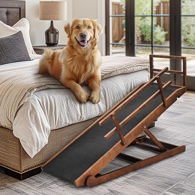 Dog Ramp, 5 Level Adjustable Wooden Folding Pet Ramp for Middle Bed, Couch,SUV-High Traction, Portable Paw Ramps for Small & Large Old Dogs & Cats - Furniture Quality-PawvioPets