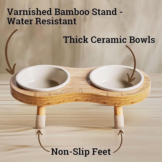 Elevated Cat Bowls - Set of 2 Ceramic Pet Food Bowls with Anti-Slip Bamboo Stand - 15 Degree Titled - Raised Dog Bowl for Small Dogs - Raised Cat Bowl Stand - Pet Feeding Station for Cats & Small Dogs-PawvioPets