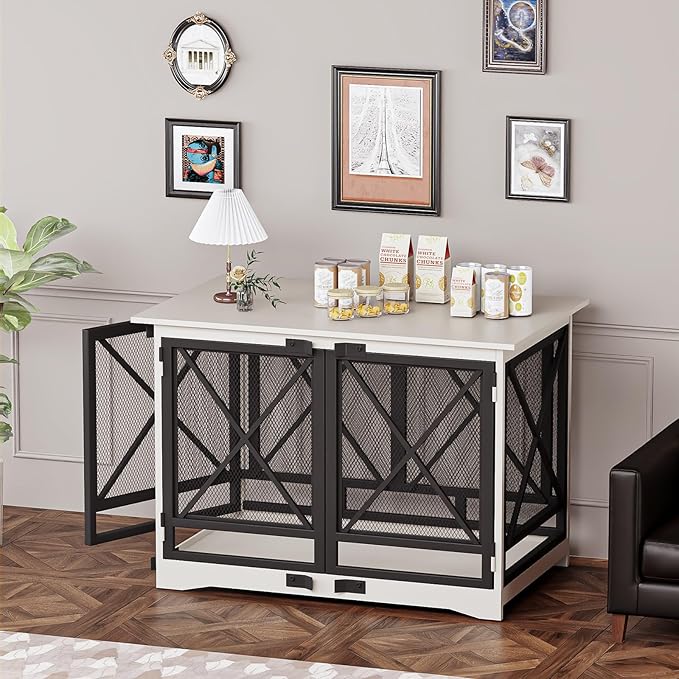 COZPAW Large Dog Crate Furniture - 48 inch Heavy Duty Dog Kennel Indoor for XLarge Breed with Double Doors, Wooden Dog Cage XL Modern Decorative End Table Pet House (White)-PawvioPets
