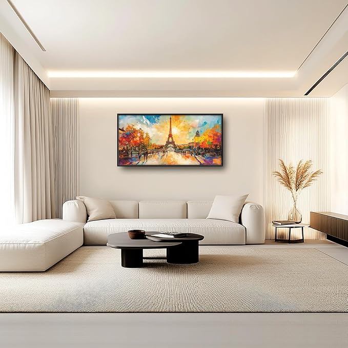 Framed Large Eiffel Tower Wall Art for Living Room, Oversized Paris City Street Landscape Wall Decor, Colorful Sunrise Canvas Painting Modern Artwork for Living Room Bedroom Office 60"x30"-PawvioPets